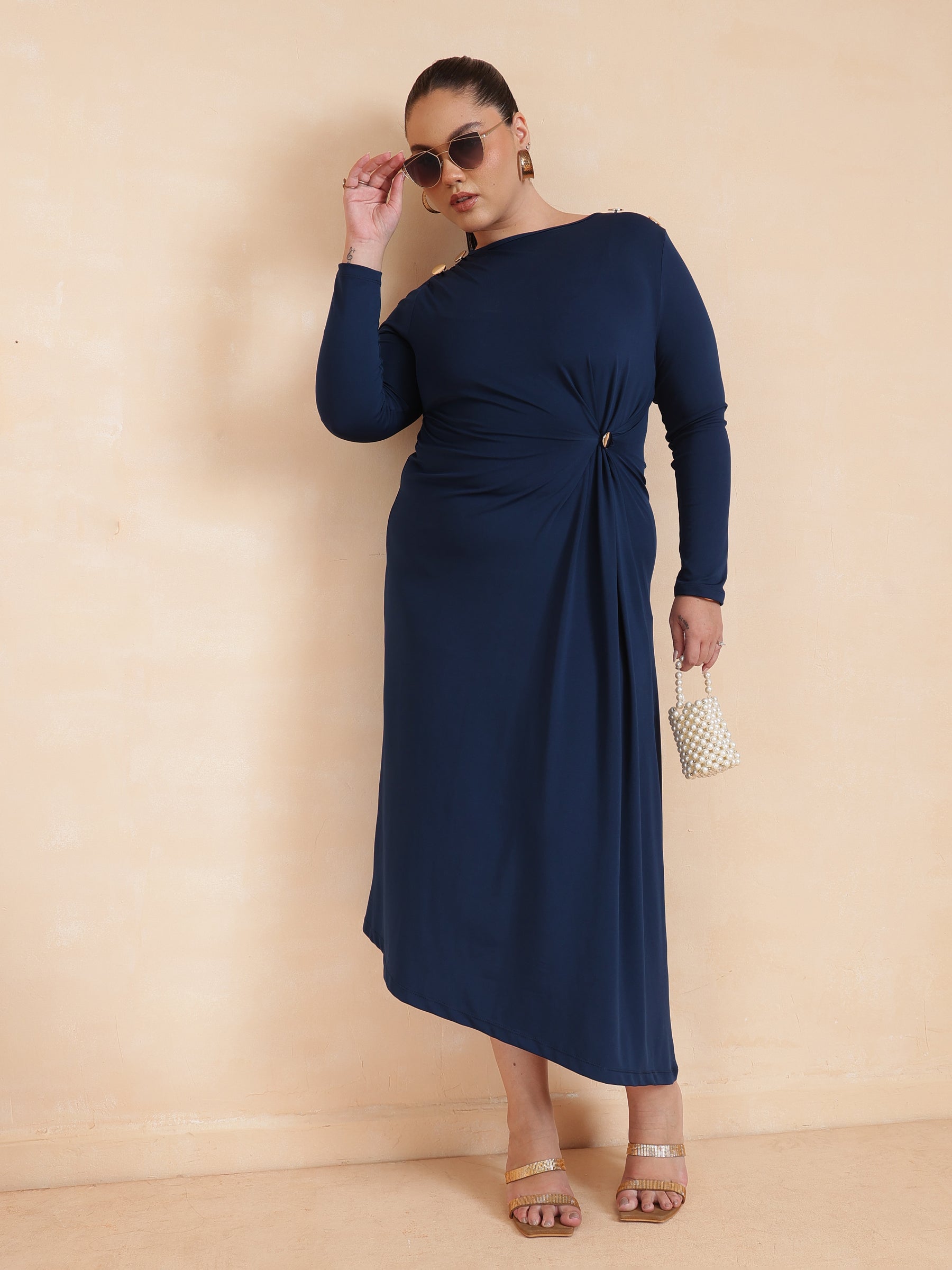 Navy Draped Full Sleeves Midi Dress-SASSAFRAS Curve