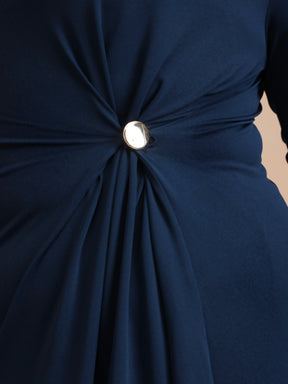 Navy Draped Full Sleeves Midi Dress-SASSAFRAS Curve