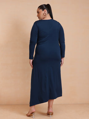 Women Navy Draped Full Sleeves Midi Dress