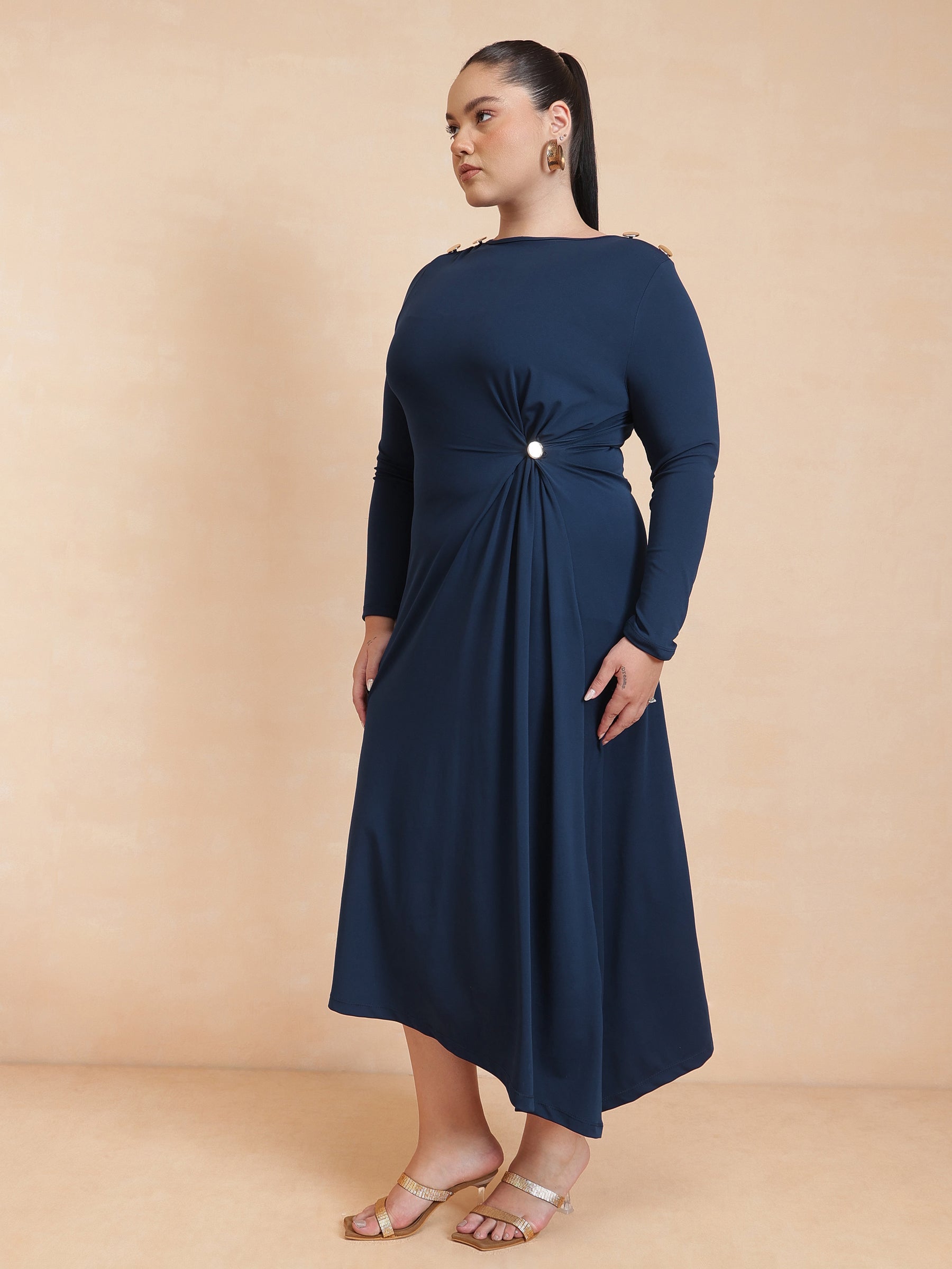 Women Navy Draped Full Sleeves Midi Dress