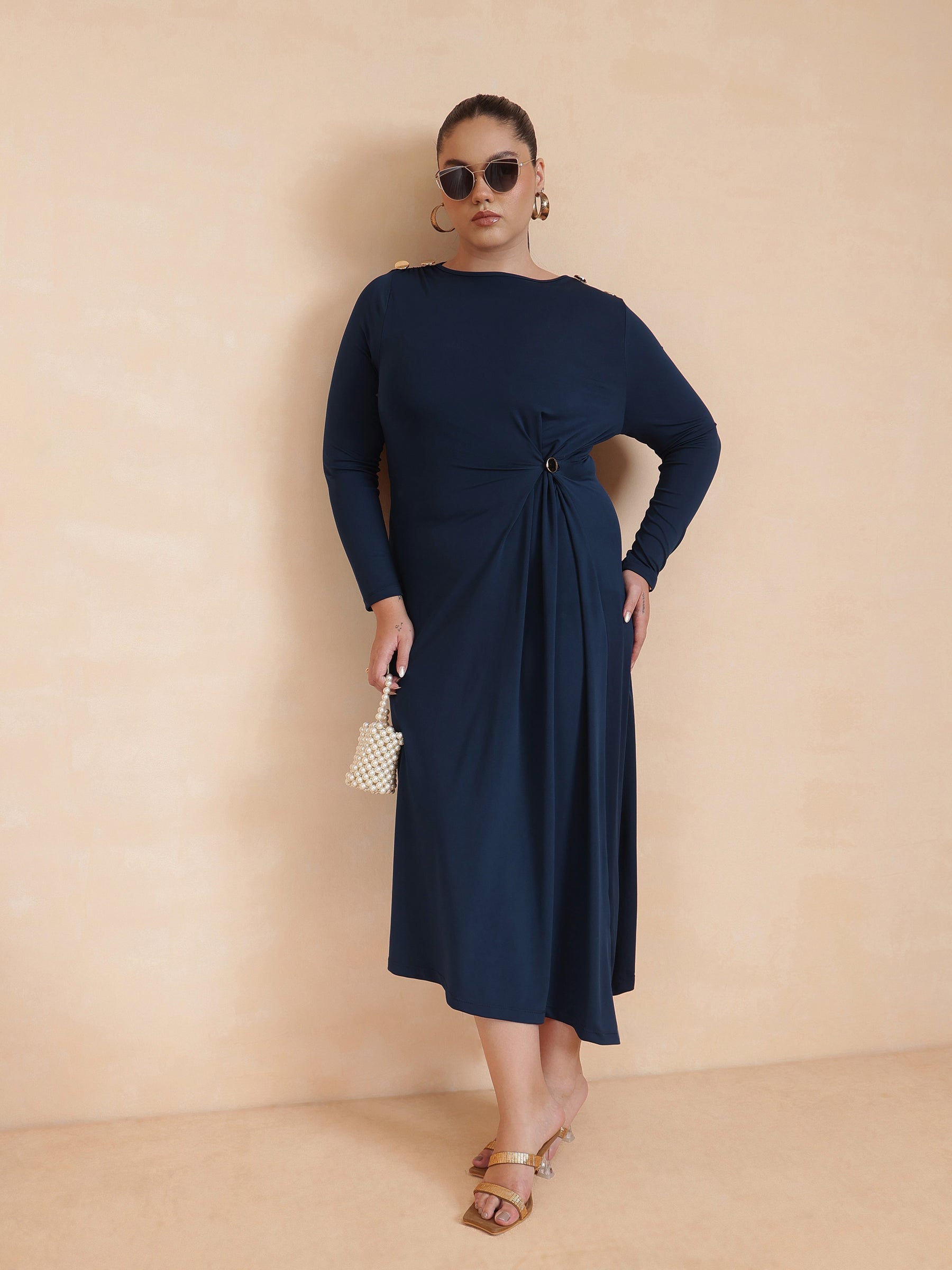 Women Navy Draped Full Sleeves Midi Dress