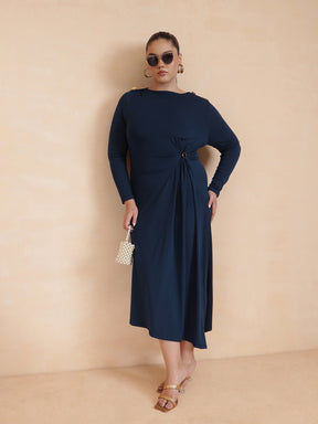 Women Navy Draped Full Sleeves Midi Dress