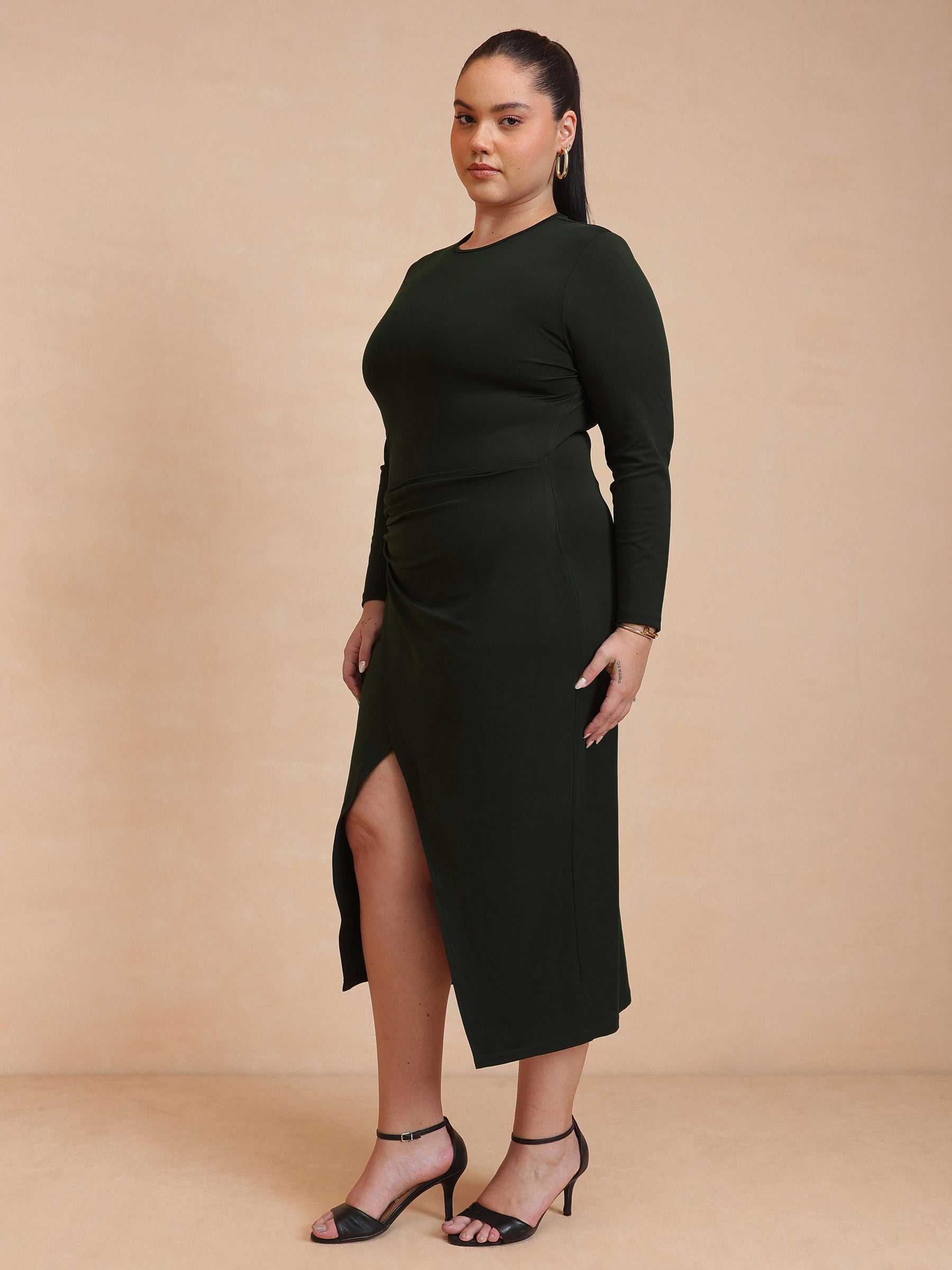 Olive Full Sleeves Wrap Dress-SASSAFRAS Curve