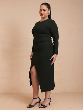 Olive Full Sleeves Wrap Dress-SASSAFRAS Curve