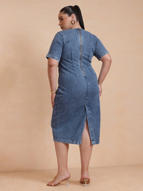 Blue Wash Denim Short Sleeves Bodycon Dress-SASSAFRAS Curve