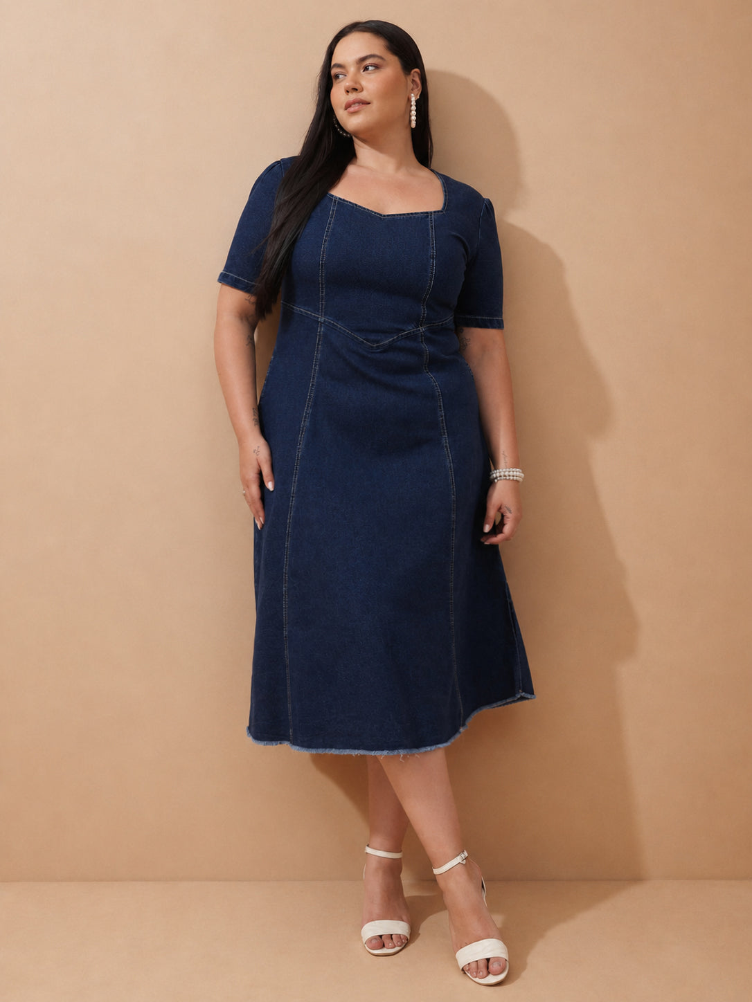 Navy Denim Low Waist Midi Dress-SASSAFRAS Curve