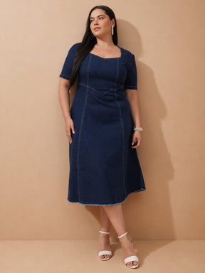 Navy Denim Low Waist Midi Dress-SASSAFRAS Curve