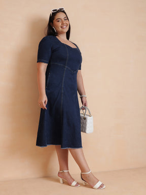 Navy Denim Low Waist Midi Dress-SASSAFRAS Curve