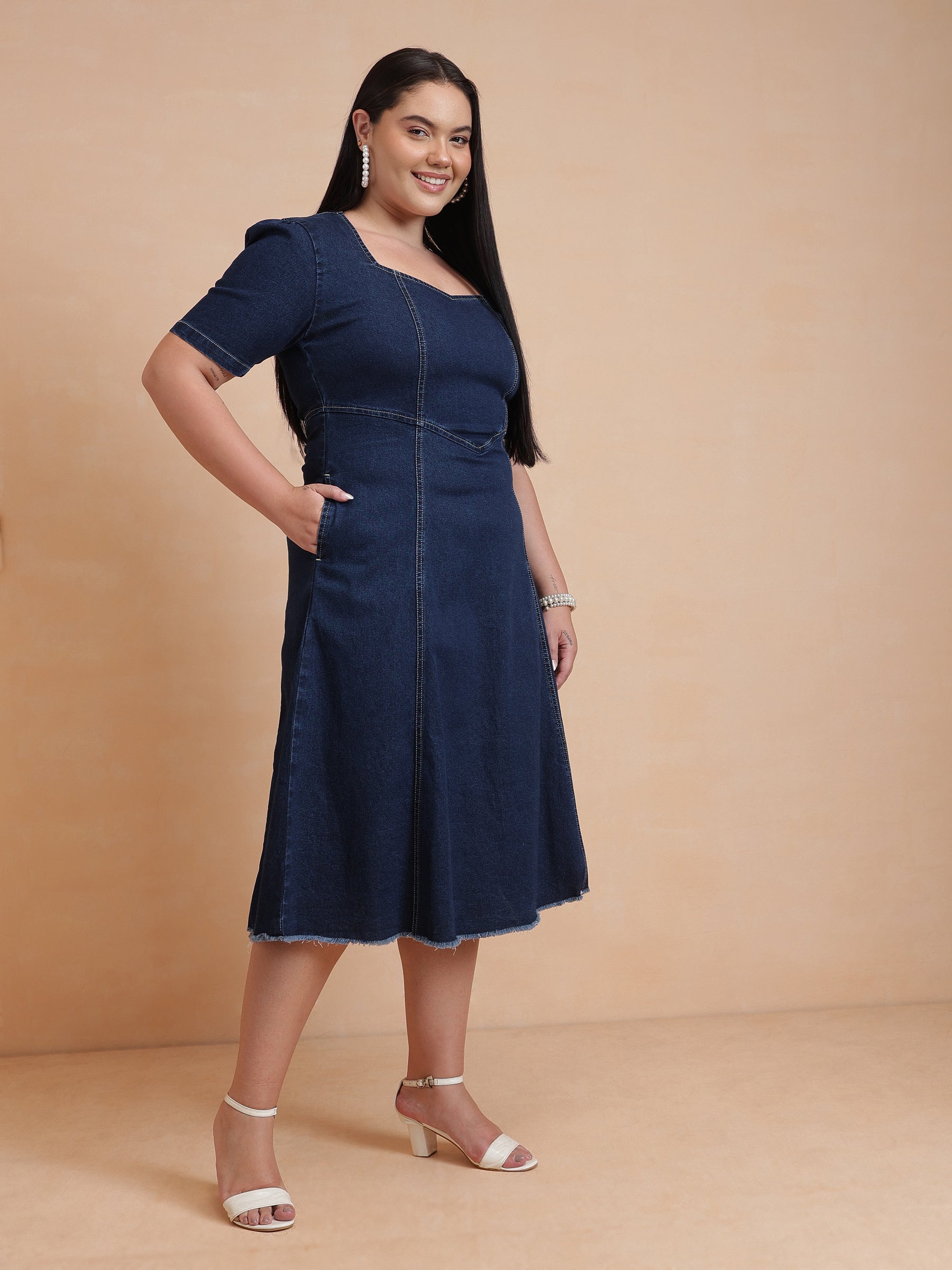 Navy Denim Low Waist Midi Dress-SASSAFRAS Curve