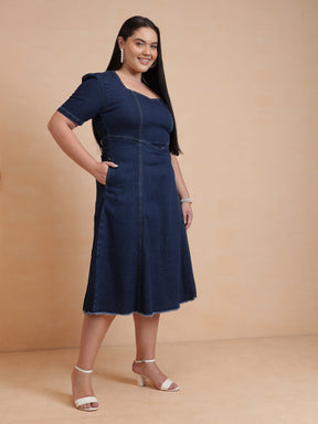 Navy Denim Low Waist Midi Dress-SASSAFRAS Curve