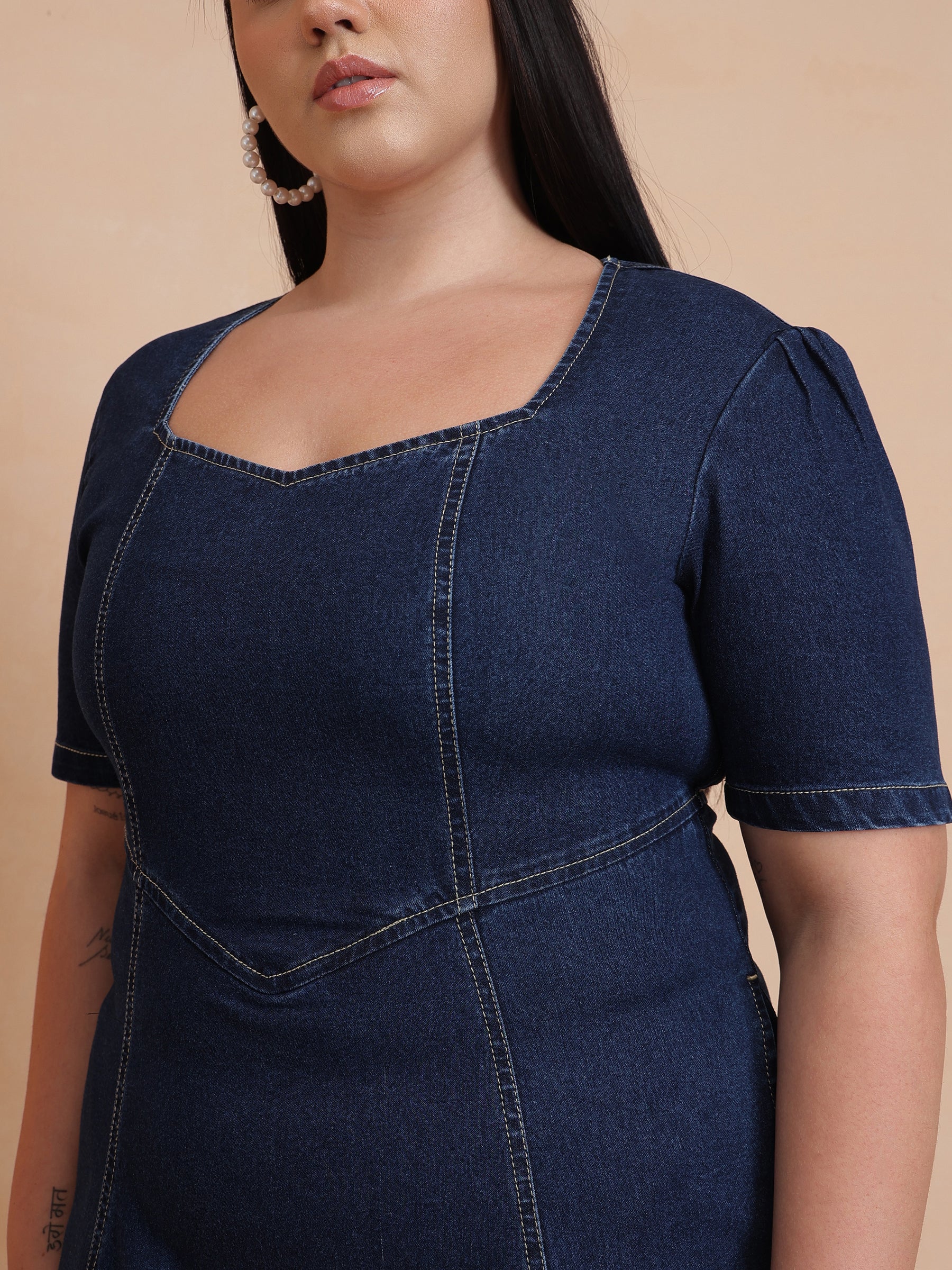 Navy Denim Low Waist Midi Dress-SASSAFRAS Curve