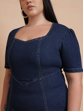 Navy Denim Low Waist Midi Dress-SASSAFRAS Curve