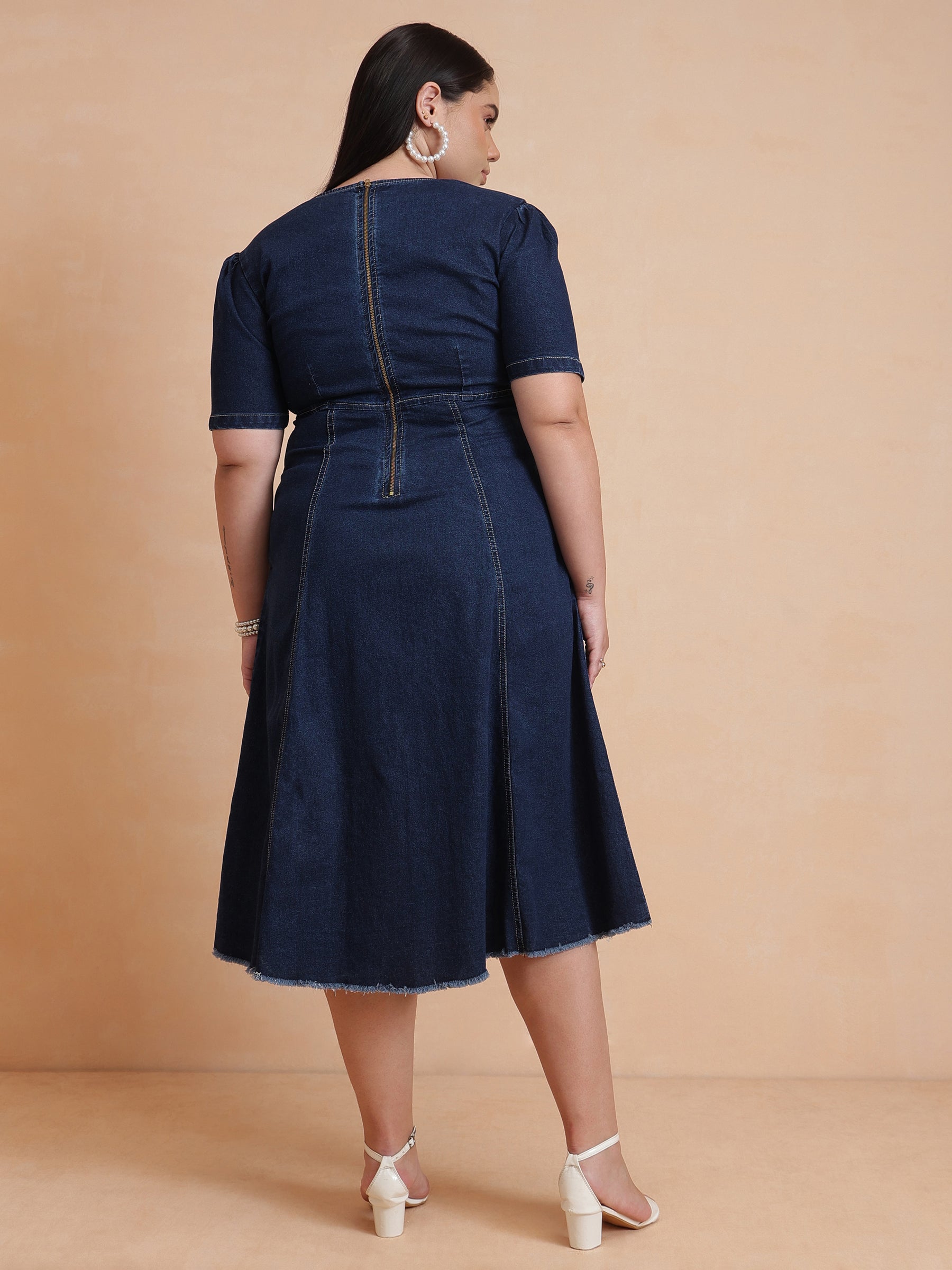 Navy Denim Low Waist Midi Dress-SASSAFRAS Curve