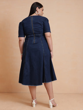 Navy Denim Low Waist Midi Dress-SASSAFRAS Curve