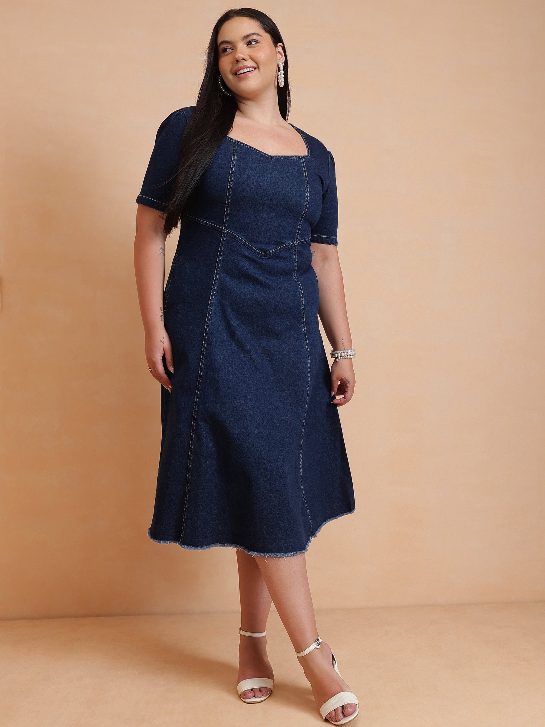 Women Navy Denim Low Waist Midi Dress