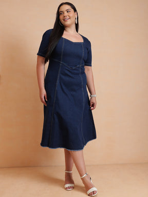 Women Navy Denim Low Waist Midi Dress