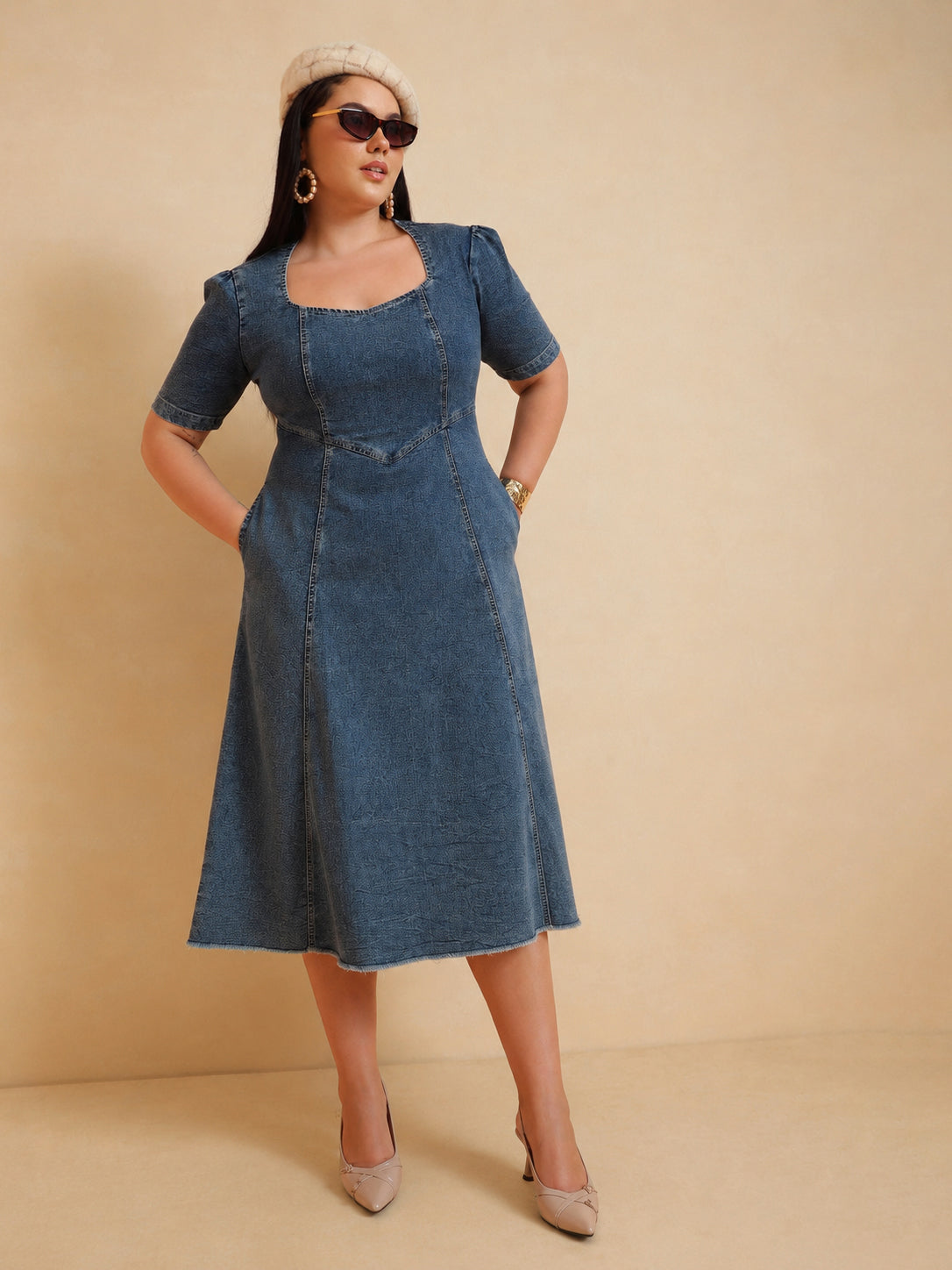 Blue Denim Low Waist Midi Dress-SASSAFRAS Curve