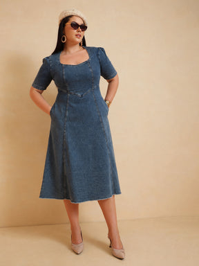 Blue Denim Low Waist Midi Dress-SASSAFRAS Curve