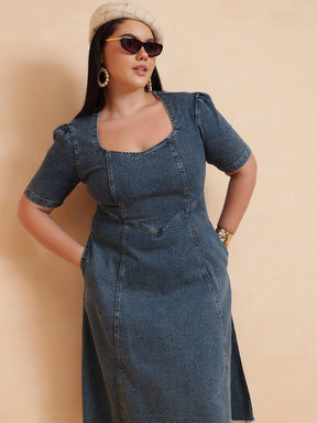 Blue Denim Low Waist Midi Dress-SASSAFRAS Curve