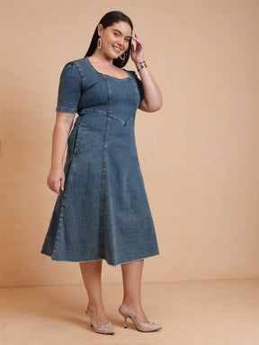 Blue Denim Low Waist Midi Dress-SASSAFRAS Curve