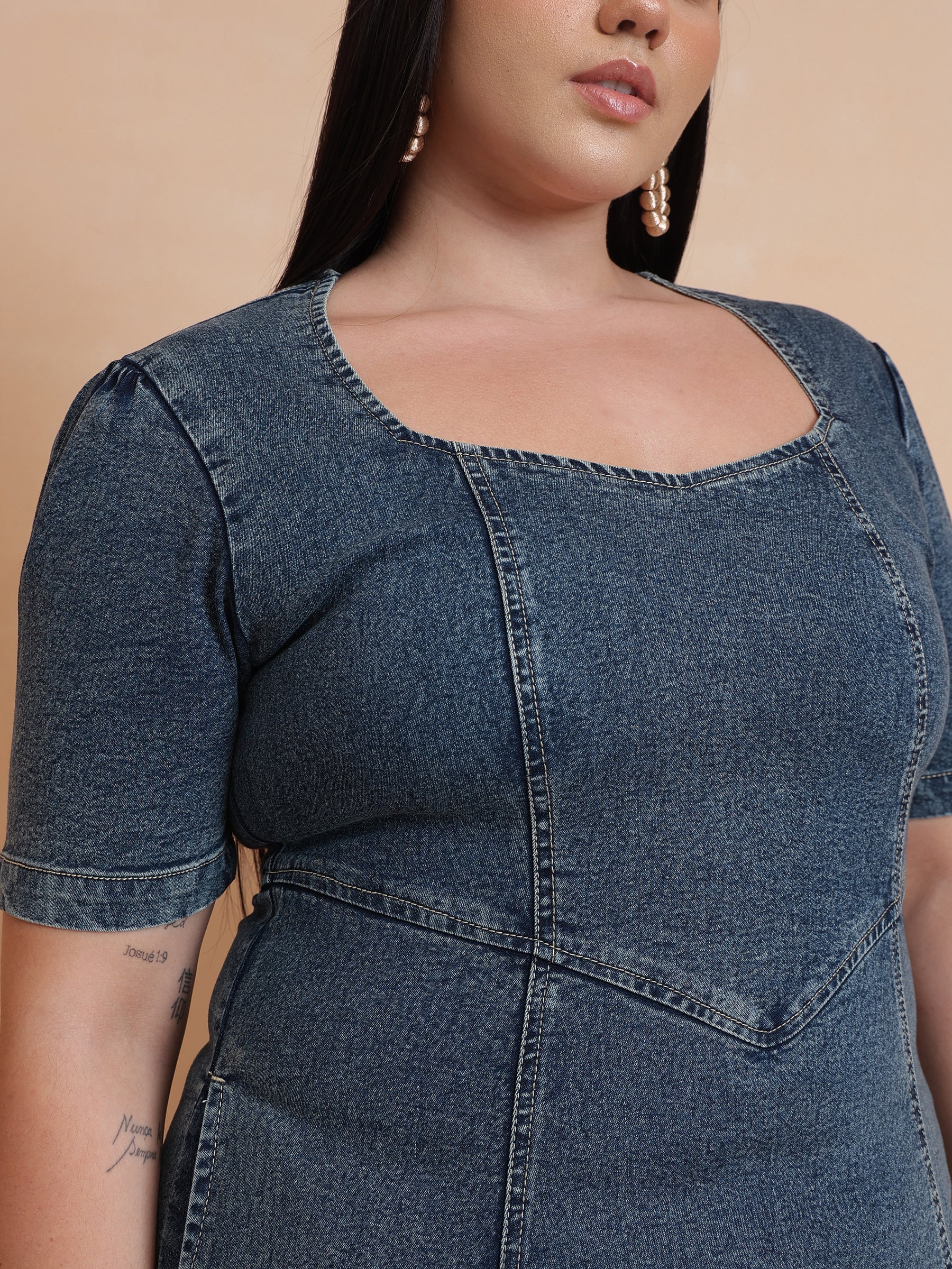 Blue Denim Low Waist Midi Dress-SASSAFRAS Curve