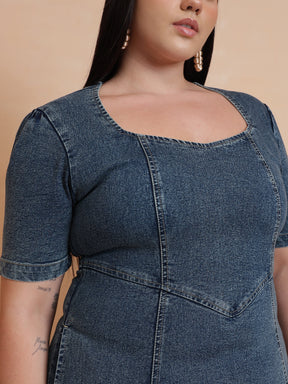 Blue Denim Low Waist Midi Dress-SASSAFRAS Curve