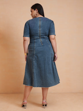 Blue Denim Low Waist Midi Dress-SASSAFRAS Curve