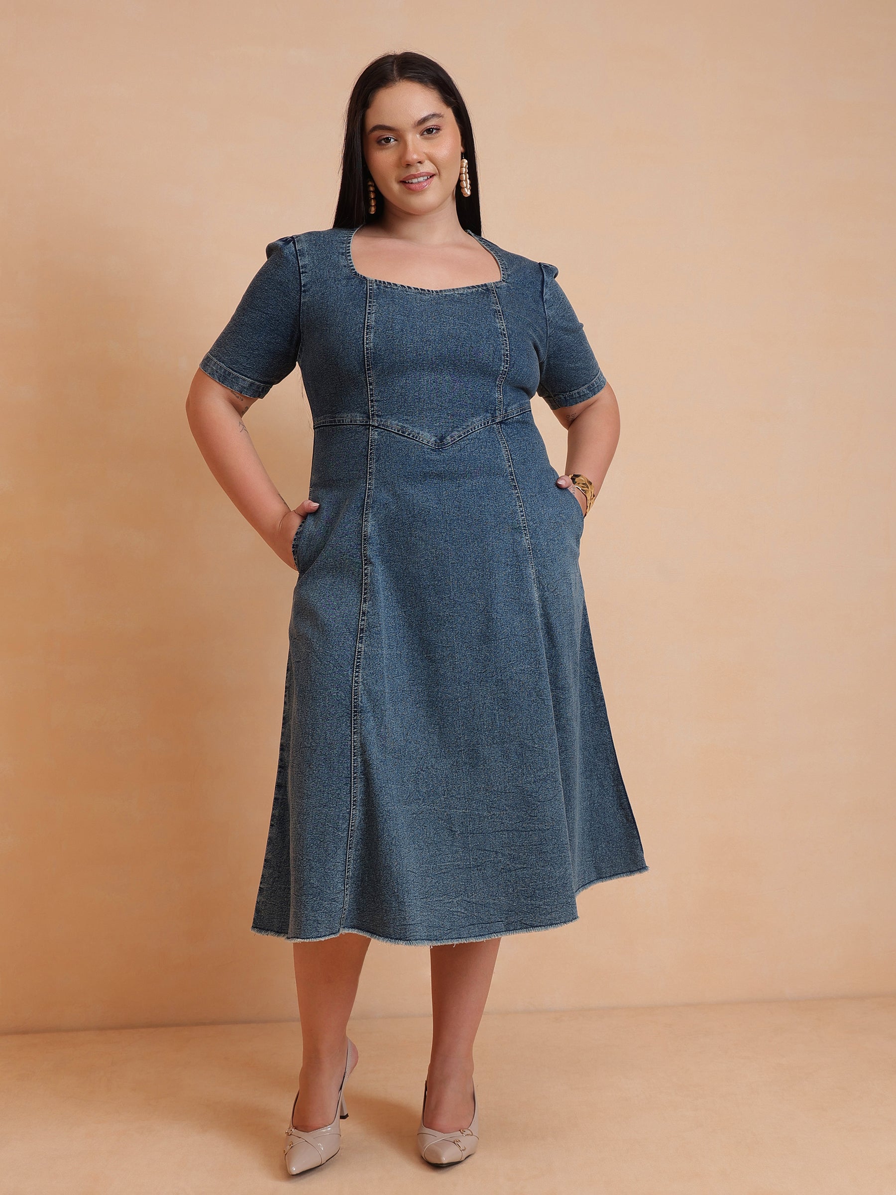 Women Blue Denim Low Waist Midi Dress