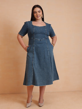 Women Blue Denim Low Waist Midi Dress