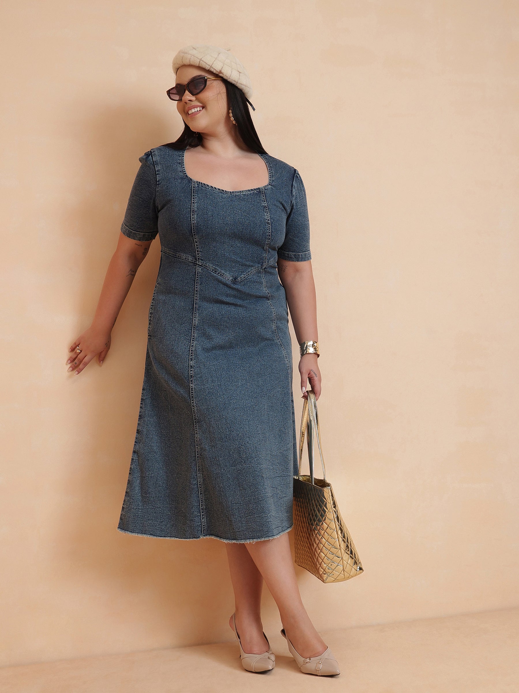 Women Blue Denim Low Waist Midi Dress