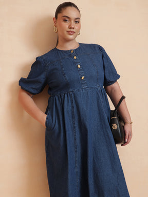 Navy Denim Front Button Midi Dress-SASSAFRAS Curve