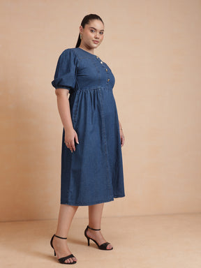 Navy Denim Front Button Midi Dress-SASSAFRAS Curve