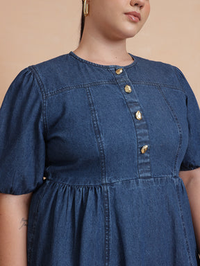 Navy Denim Front Button Midi Dress-SASSAFRAS Curve