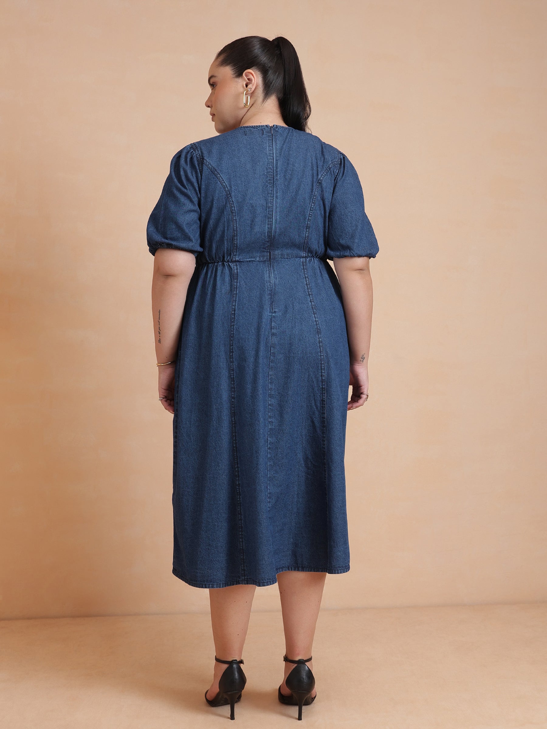 Navy Denim Front Button Midi Dress-SASSAFRAS Curve