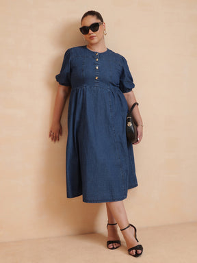 Women Navy Denim Front Button Midi Dress
