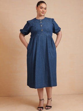 Women Navy Denim Front Button Midi Dress