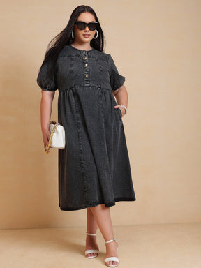 Black Denim Front Button Midi Dress-SASSAFRAS Curve