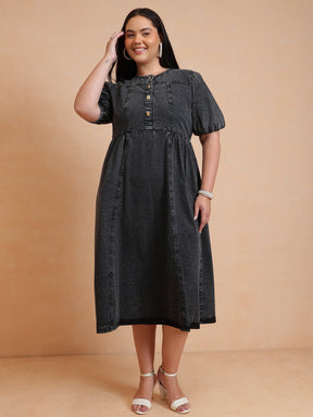 Black Denim Front Button Midi Dress-SASSAFRAS Curve