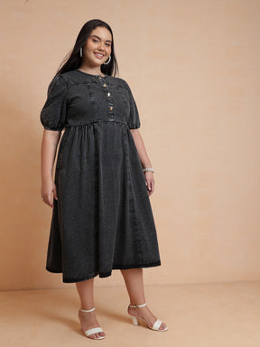 Black Denim Front Button Midi Dress-SASSAFRAS Curve