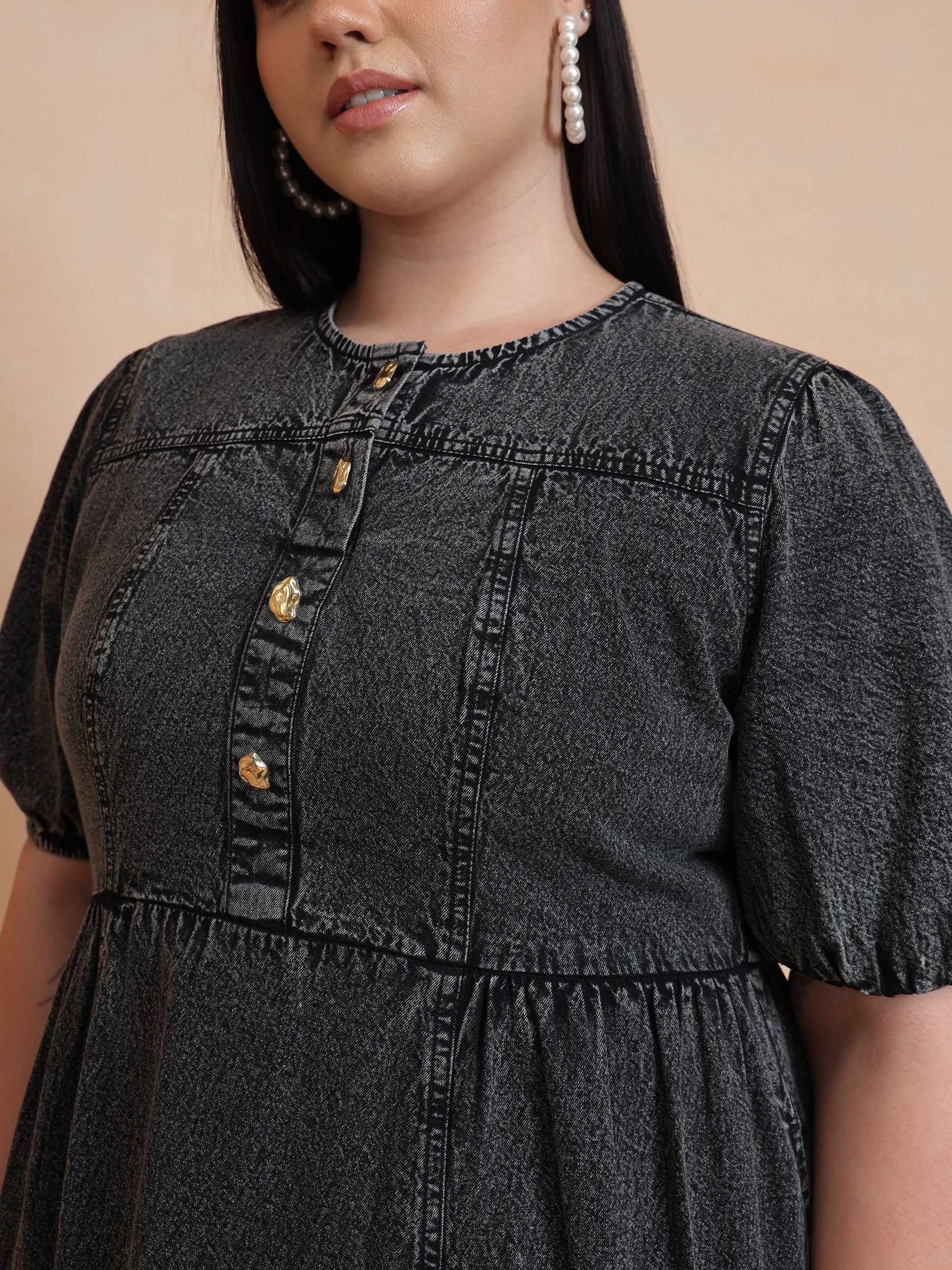 Black Denim Front Button Midi Dress-SASSAFRAS Curve