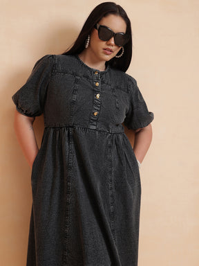 Women Black Denim Front Button Midi Dress