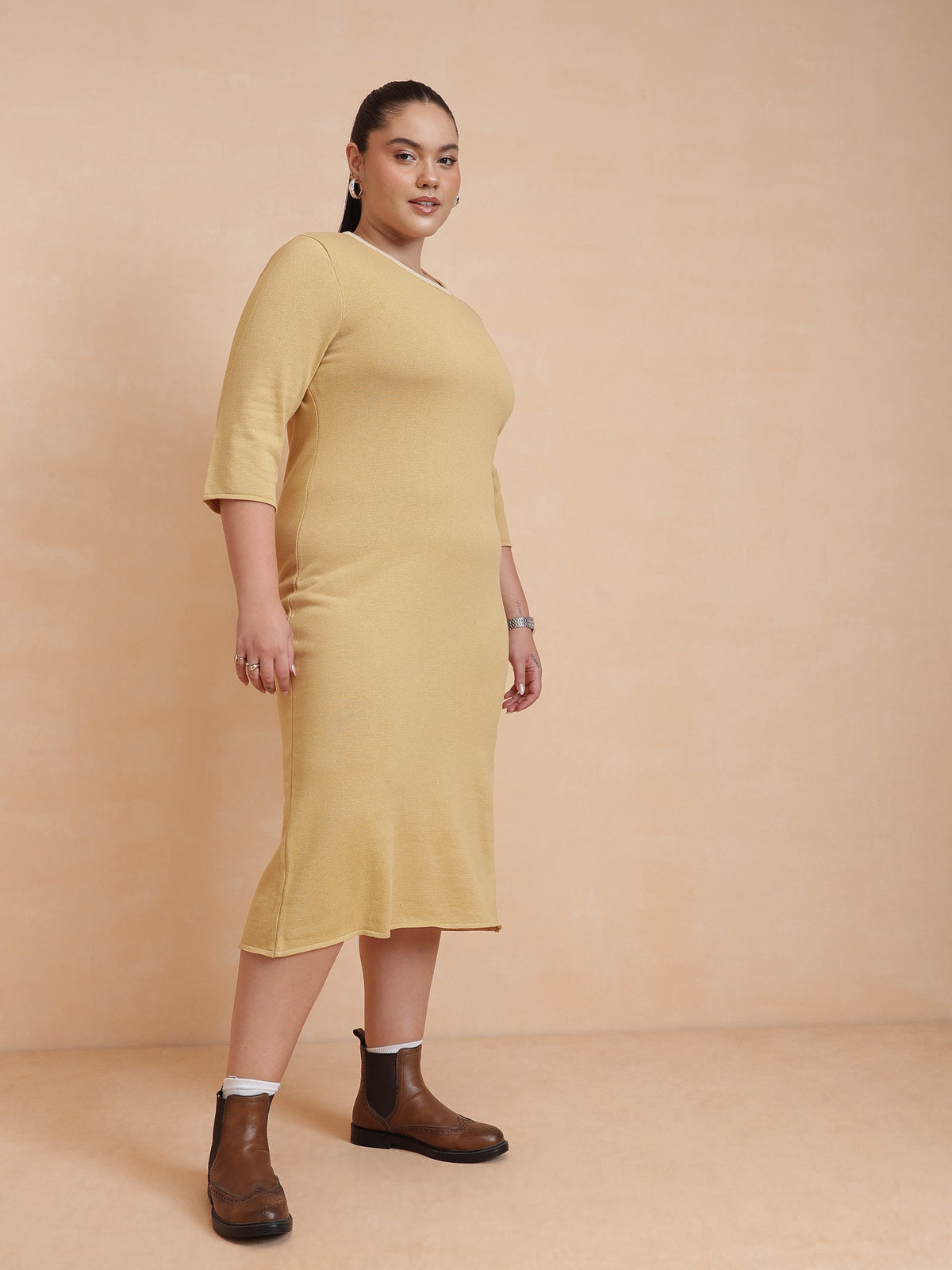 Beige Knit Striped-Ribbed Neck Midi Dress-SASSAFRAS Curve