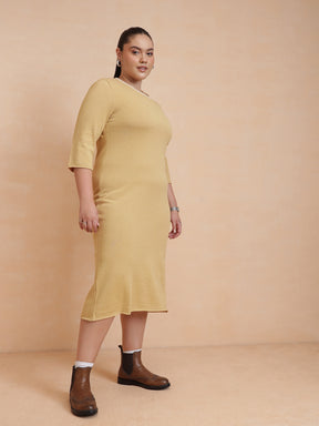 Beige Knit Striped-Ribbed Neck Midi Dress-SASSAFRAS Curve