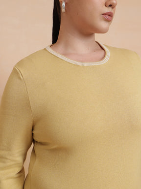 Beige Knit Striped-Ribbed Neck Midi Dress-SASSAFRAS Curve