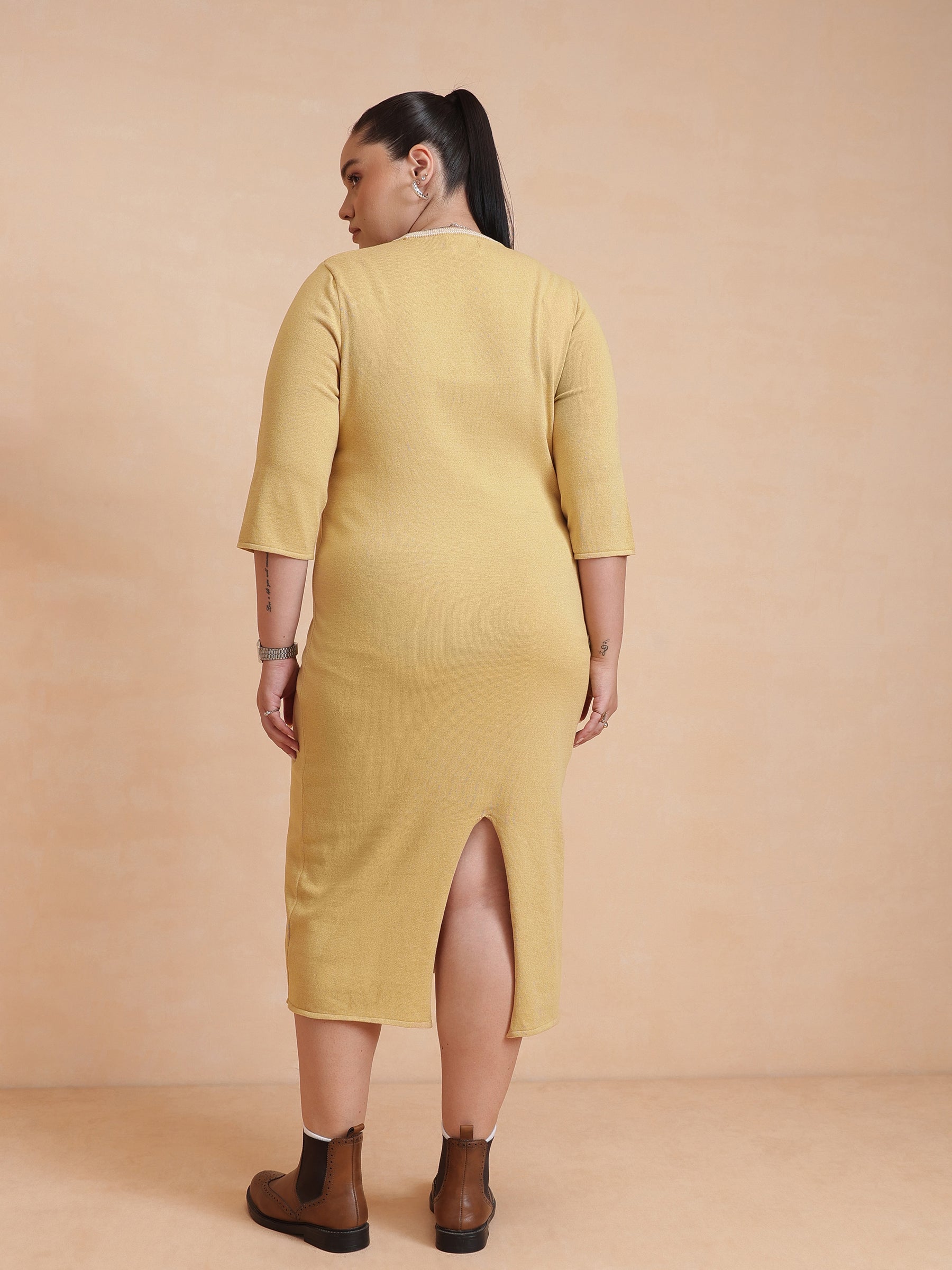 Beige Knit Striped-Ribbed Neck Midi Dress-SASSAFRAS Curve