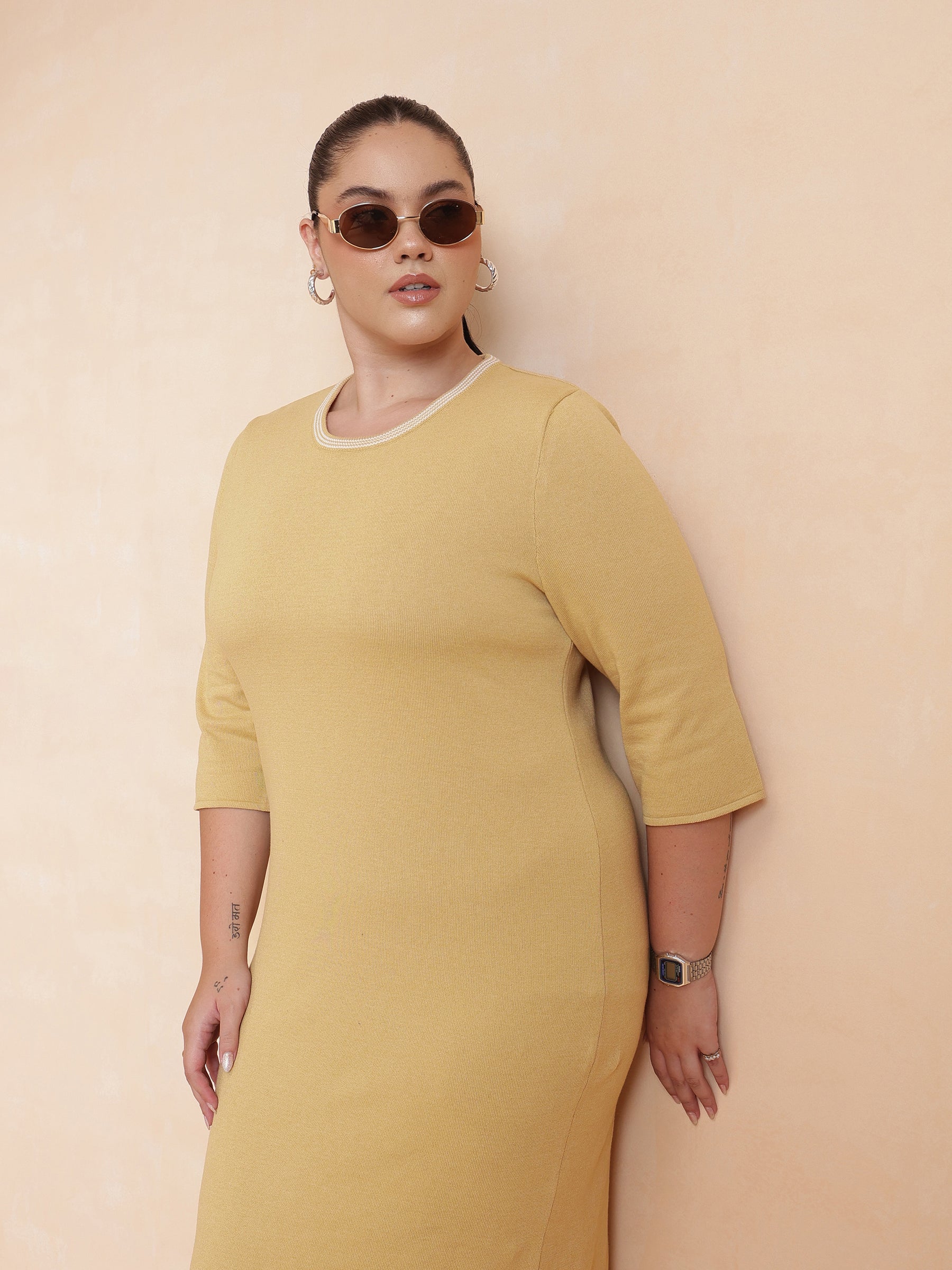 Beige Knit Striped-Ribbed Neck Midi Dress-SASSAFRAS Curve