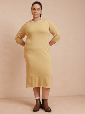 Women Beige Knit Striped-Ribbed Neck Midi Dress