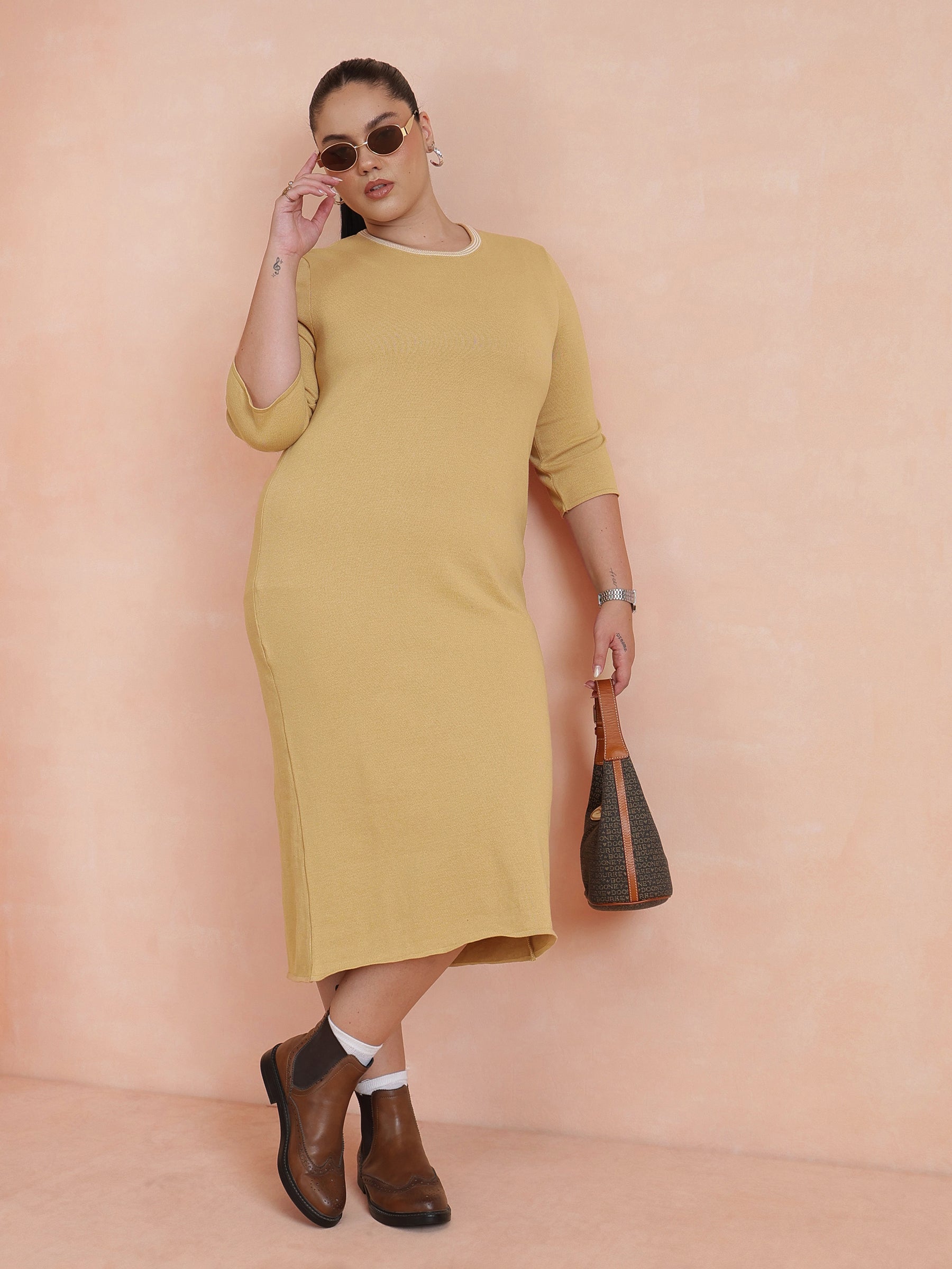 Women Beige Knit Striped-Ribbed Neck Midi Dress