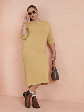 Women Beige Knit Striped-Ribbed Neck Midi Dress