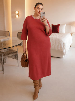Red Knit Striped-Ribbed Neck Midi Dress-SASSAFRAS Curve
